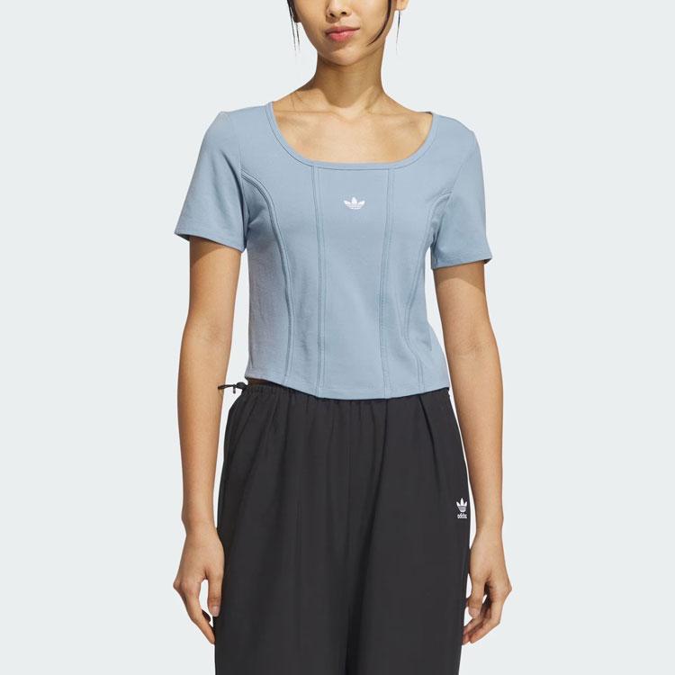 Adidas Originals Trefoil Corset Tee Sporty Crop Top Short Sleeve Women Tops Texture-Blue IX1909