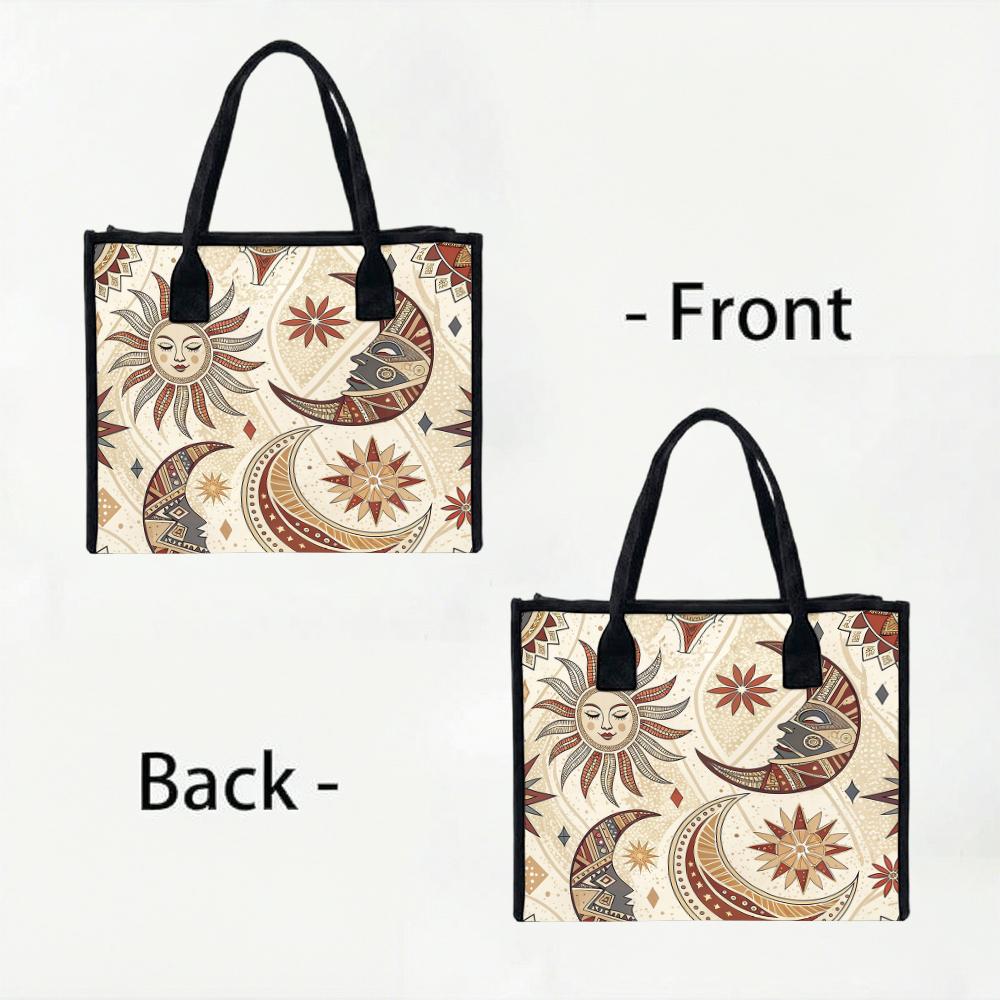 Bohemian Sun Moon Print Tote Bag Large Capacity Casual Daily Shoulder Handbag for Shopping Travel