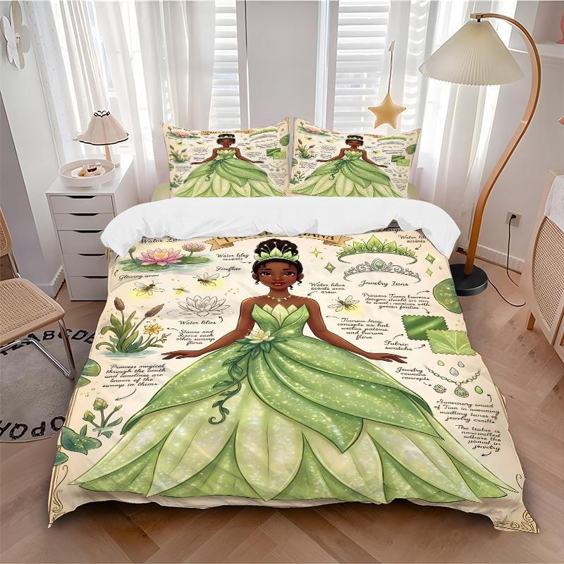 3pcs Princess Tianas Green Dress Bedding Set, Includes One Quilt Cover and Two Pillowcases, Bedroom and Guest Room Decoration. T72301113