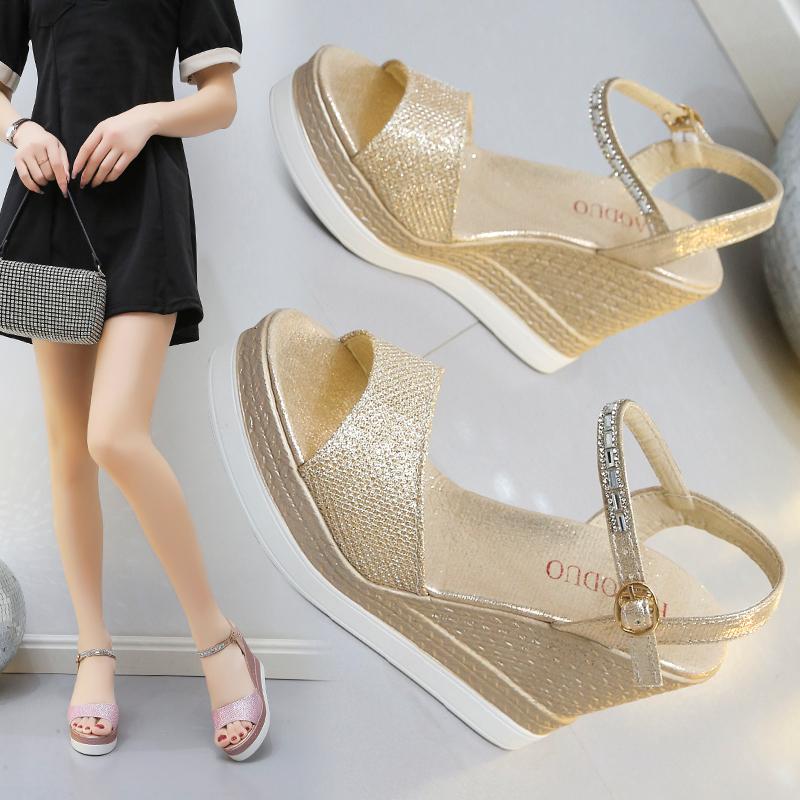 Роскошные женские босоножки на танкетке, летние босоножки на платформе с открытым носком, толстая подошва, туфли на высоком каблуке для женщин