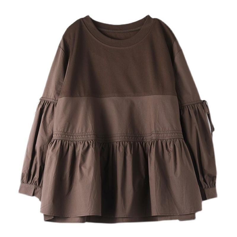 Одежда для женщин Корейская мода Бант Милые Шикарные Блузки Винтажные С оборками Лоскутное шитье Рубашки Оверсайз Однотонные Топы с круглым вырезом и длинным рукавом