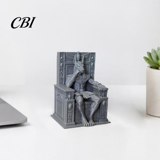 3D Printed Stone Sculpture Anubis Sitting on Throne Statue, Palm-Sized Retro Gray Texture Mini Ornament, Ancient Egyptian Style Stable Base Figurine