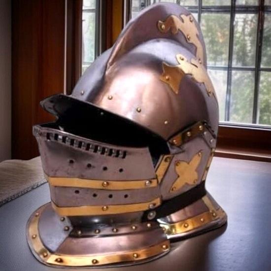 Средневековый шлем бургонет крестоносца, сталь 18Ga, латунные акценты, носимый LARP косплей