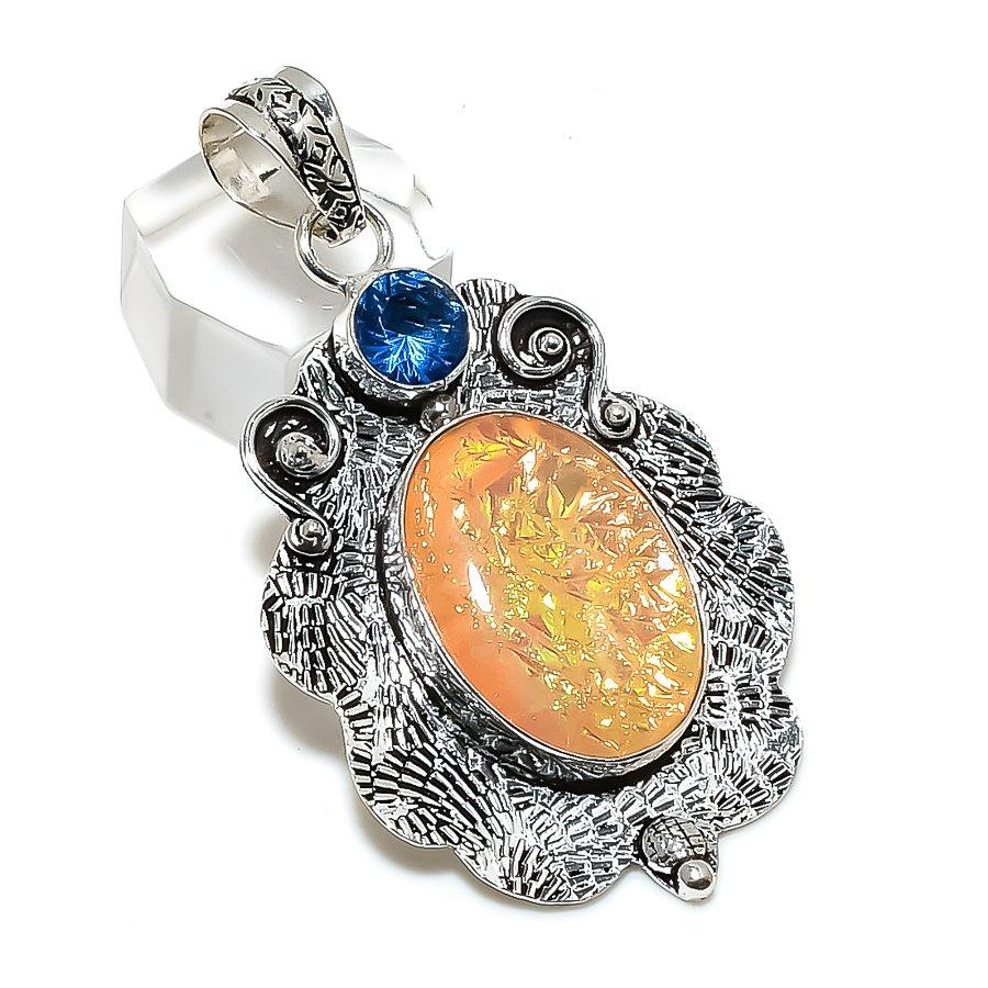 Оранжевый Триплет Опал Драгоценный камень Ручная работа 925 Стерлинговое серебро Подвеска 2,48" M0O57