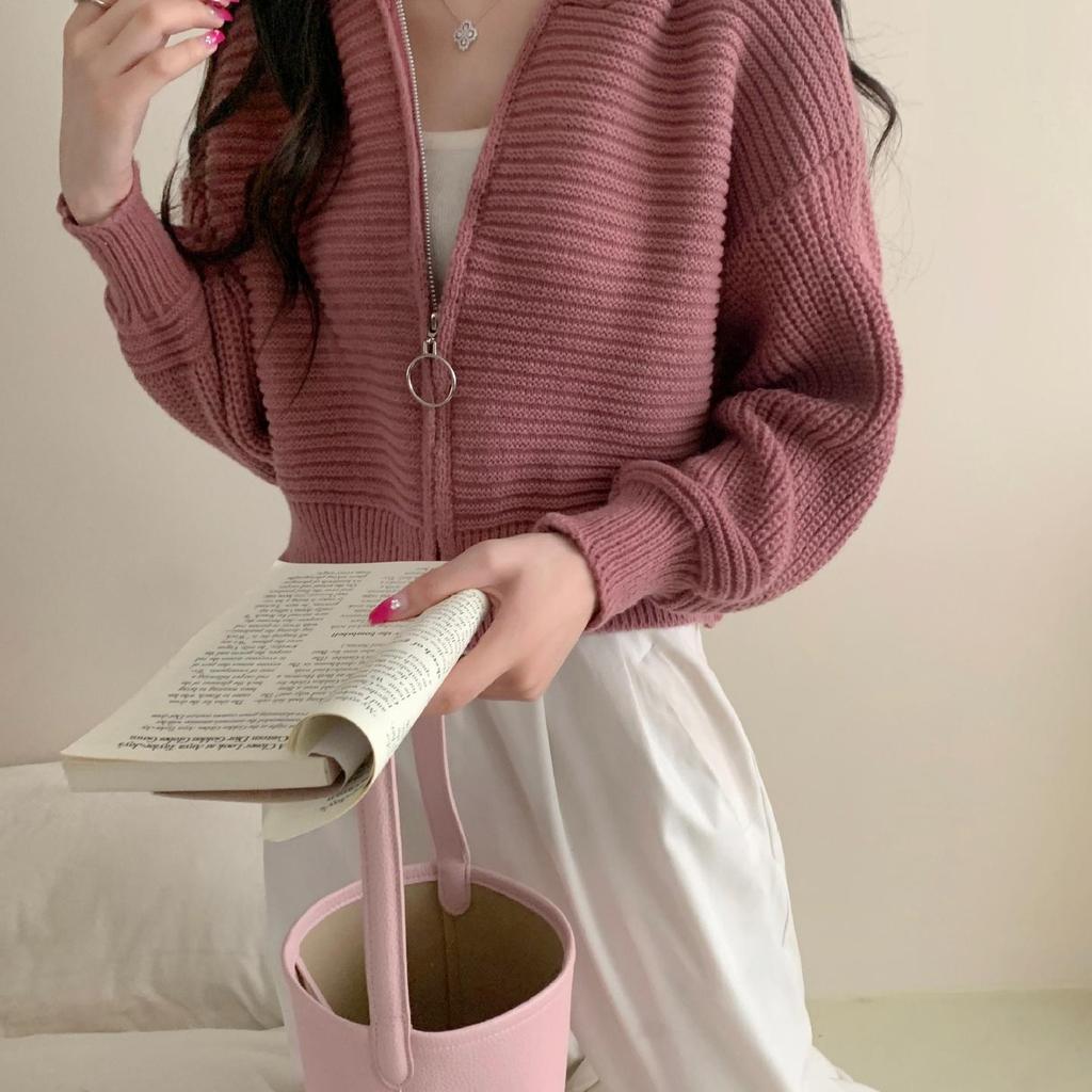 New Korean Lazy Style Loose Zipper Lapel Sweater Jacket, Versatile Knitted Cardigan for Women