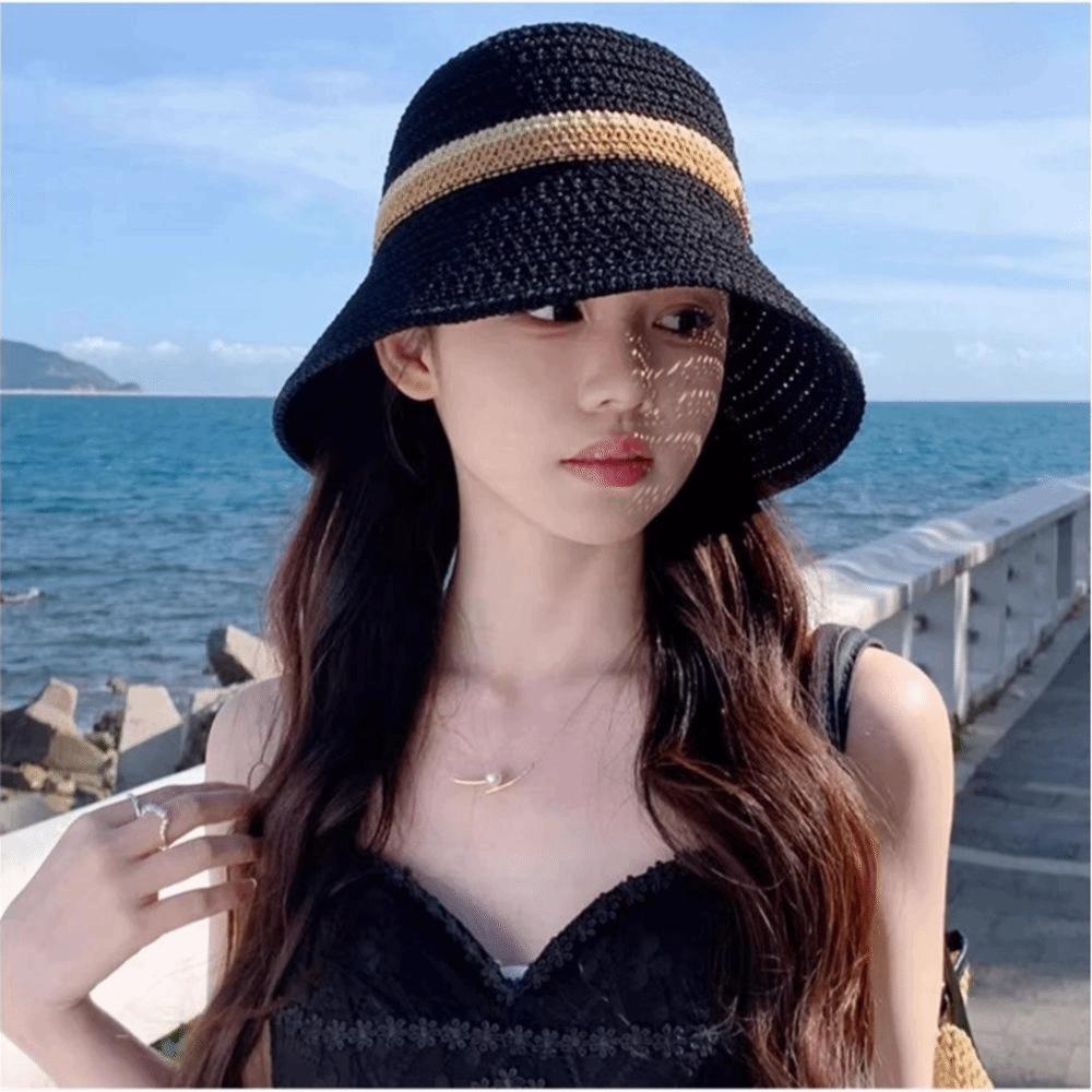 Flat Brim Wide Brim Bucket Hat Contrast Stripes Sun Hat New Hollow Straw Cap Beach Vacation