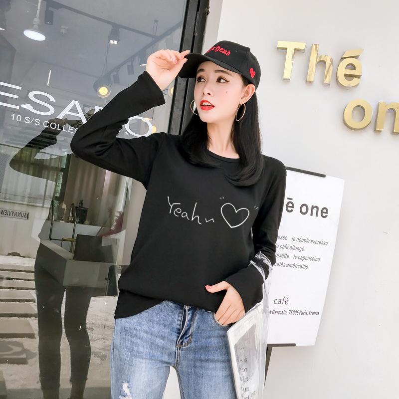 Осень Новинка Корейский стиль Универсальная Свободная Базовая Рубашка Принт Любовь Студенческая Футболка с Длинным Рукавом для Женщин