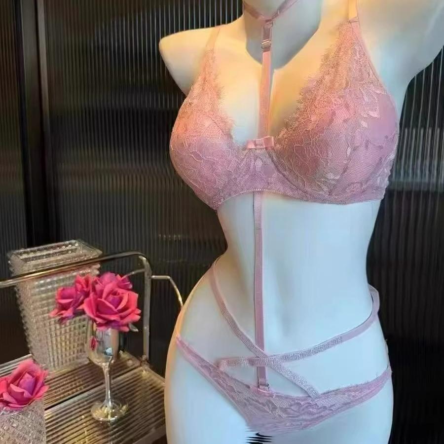 Розовый кружевной комплект бюстгальтера с halter-вырезом Сладкий сексуальный бюстгальтер-бралетт с косточками Push-up с полной поддержкой для женщин