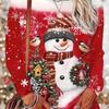 Women's Christmas Snowman Print Long Sleeve T-Shirt - Festive Red Design with Snowflakes and Bird Graphics,