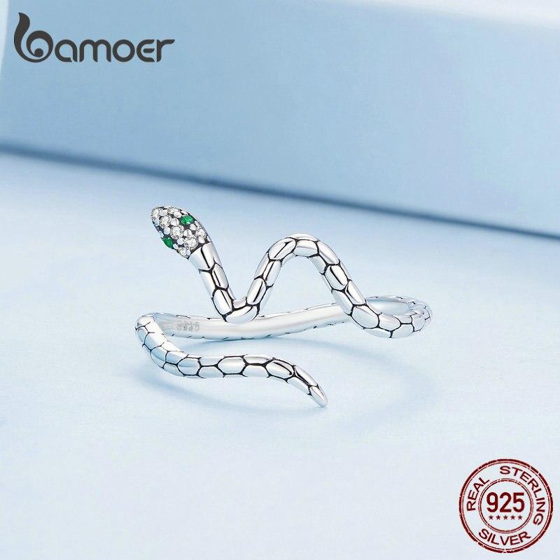 BAMOER 925 Sterling Silver Green Zircon Snake Opening Ring Irregular Adjustable Ring for Women Original Design Jewelry