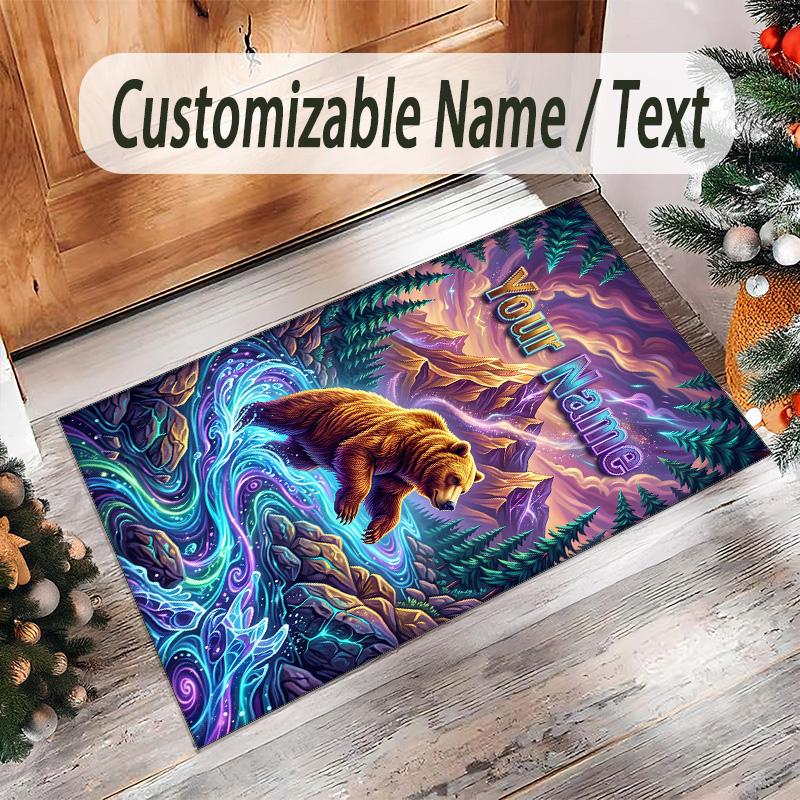 Teddy Bear Theme Crystal Velvet Rug Personalized Custom Name Text Soft Floor Mat Home Decor