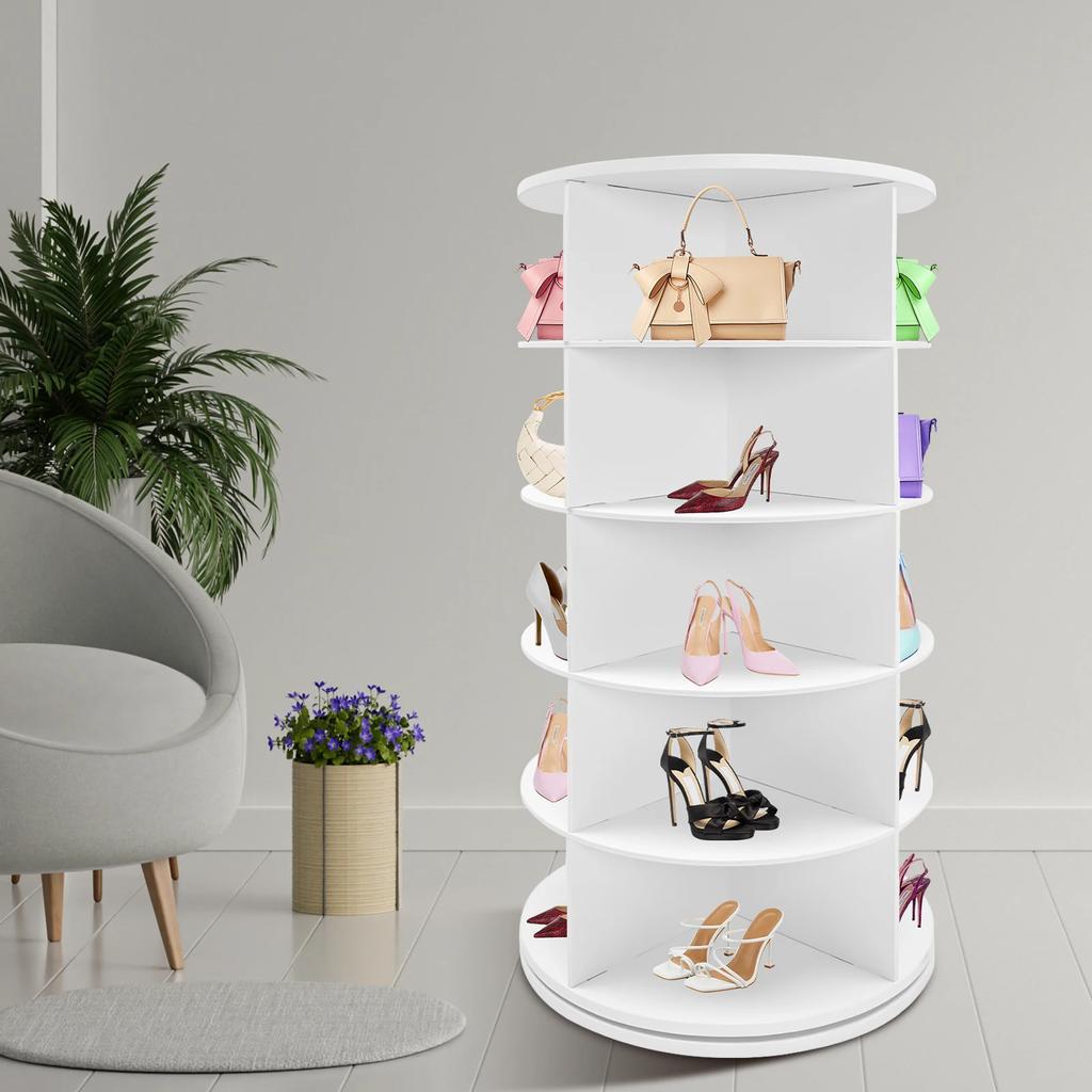 5-ярусный вращающийся органайзер для обуви 23,2x23,2x45,3 дюйма, белая ПВХ подставка для обуви, отдельно стоящее хранилище для обуви | Вмещает 20 пар, грузоподъемность 55 фунтов