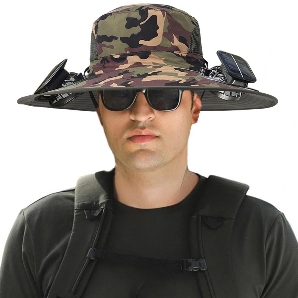 Men Fisherman Hat with Dual Solar Fan Large Brim Windproof Strap USB Charging Anti UV Sunlight Quick Dry Great Breath