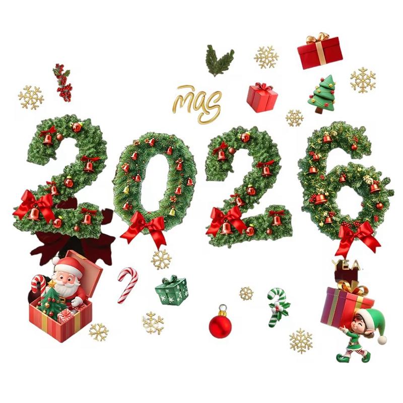 2026 Рождественская наклейка на окно Мультяшный Санта-Клаус Подарки Снежинка Стеклянная наклейка Новогоднее украшение для дома DIY Электростатическая наклейка