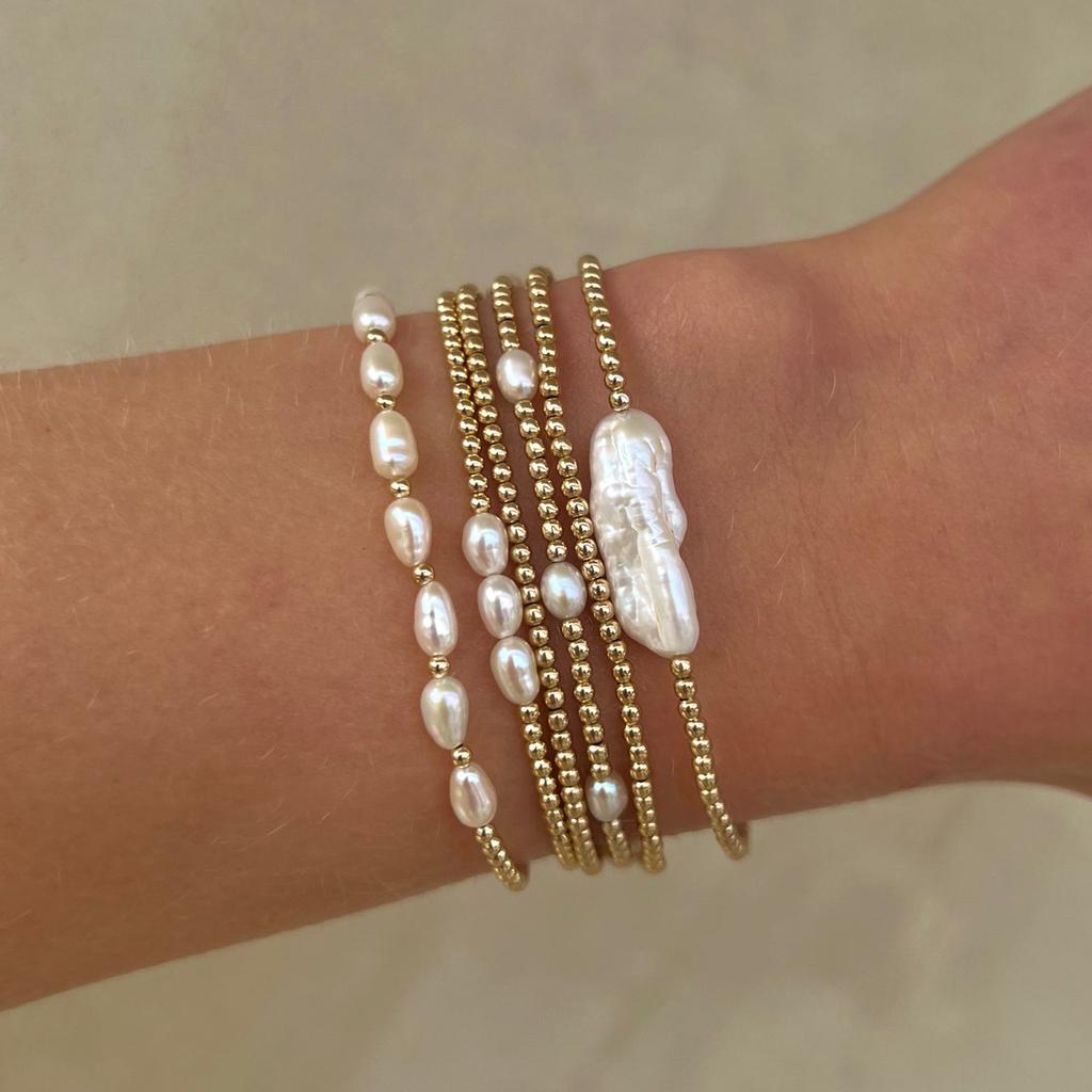 Fashion Freshwater Pearl Stackable Bracelet Women Non Tarnish 18k Gold Plated Stainless Steel Beads Beaded Stretch Bracelets