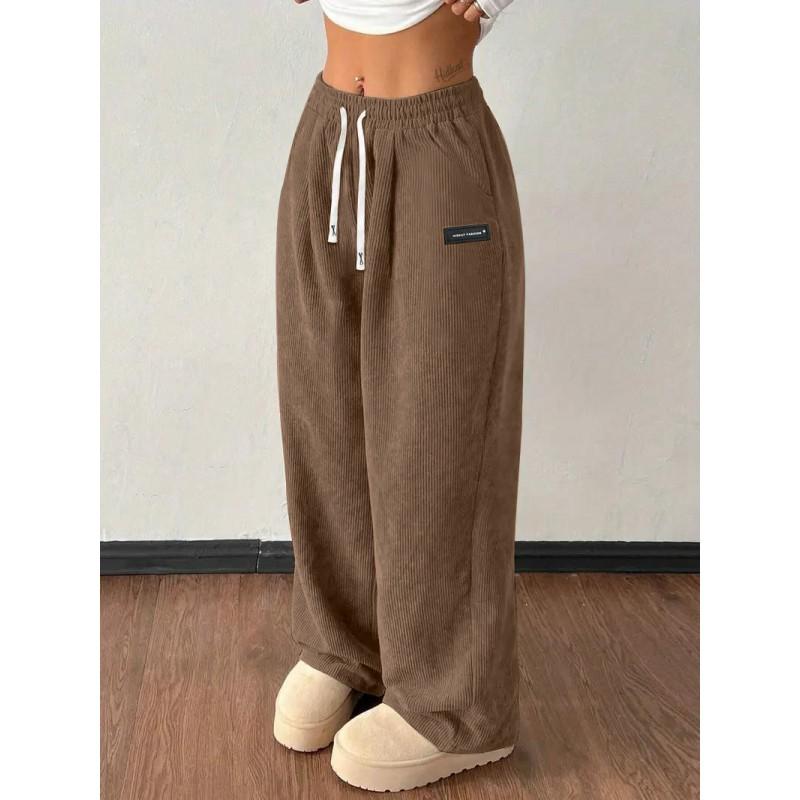 Womens Loose Casual Pants Solid Color Drawstring Trousers With Pockets Everyday Wear
