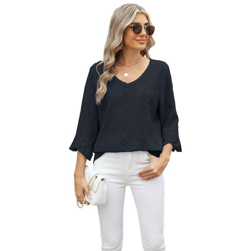 Женская футболка весна-лето с V-образным вырезом и ромбовидной сеткой, свободная, с расклешенными рукавами