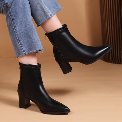 Женская обувь 2024 года, высококачественные женские ботильоны, элегантные современные ботинки, женские, сшитые сзади, с молнией, на среднем толстом каблуке, женские