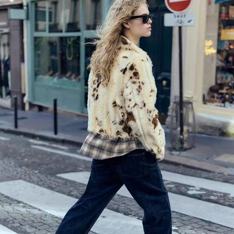 European and American style autumn and winter lapel casual top women's pattern printing artificial fur effect jacket short top