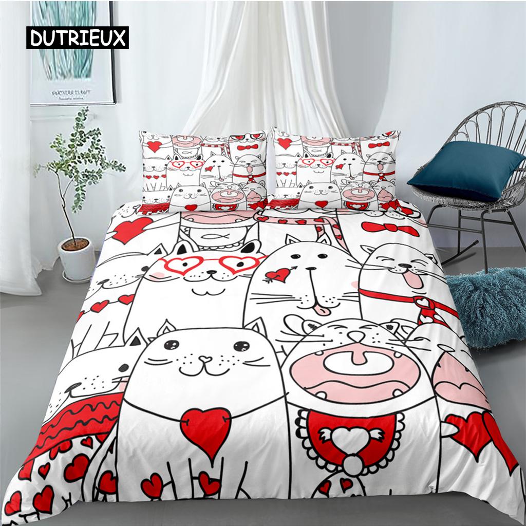 Cartoon Cat Duvet Cover Set for Kids Girl Microfiber Kitten 2/3pcs Cartoon Animal Bedding Set Single Twin Queen King Quilt Cover