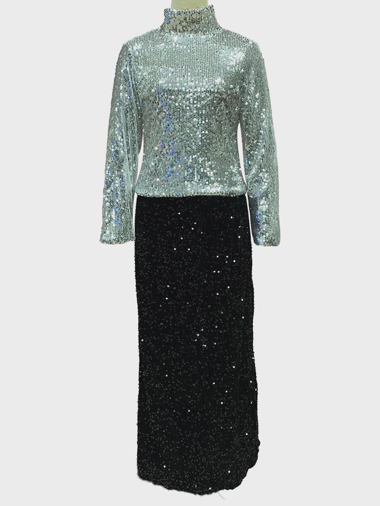 2025 Европейская и американская узкая длинная юбка с высокой талией и пайетками - женская эластичная юбка с резинкой на талии