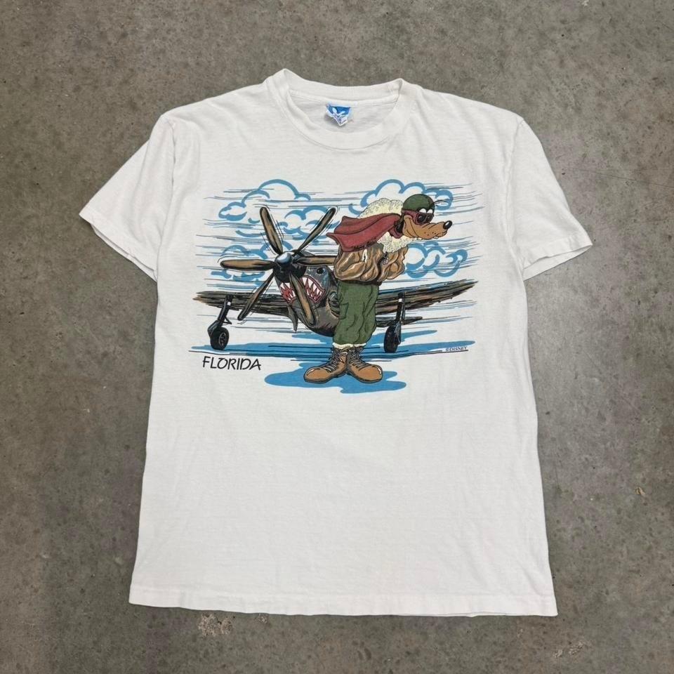 Vintage 80s Goofy Disney Character Fashions Airplane White Mens Medium Unisex T-Shirt