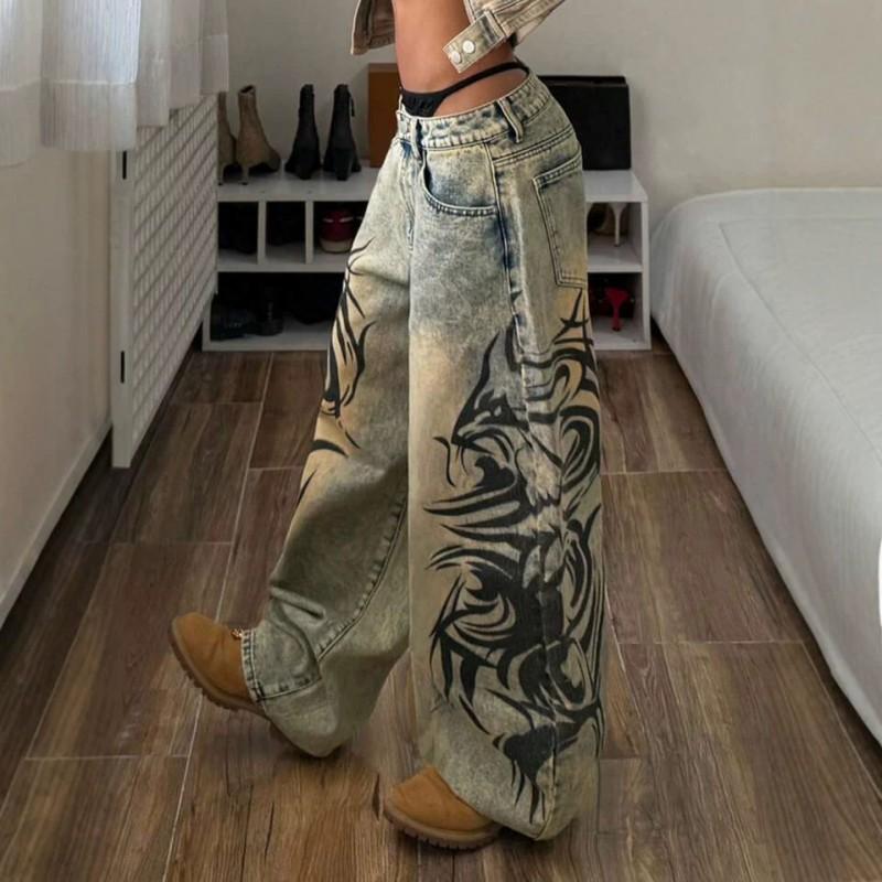 High-Waisted Washed Denim Jeans Women - Straight Leg Street Style Printed Casual Wear