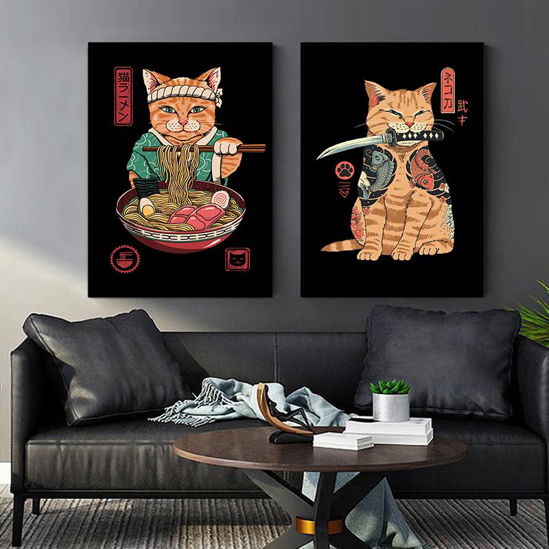Забавный японский плакат с изображением самурая и кота, холст, живопись, классические суши и кошки, настенные художественные фотографии для гостиной, украшения дома
