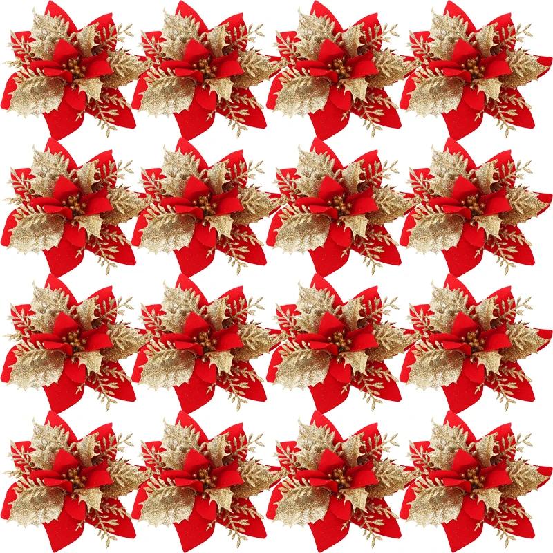 Christmas Red Gold Glitter Flowers Artificial Poinsettia Flower for Xmas Tree Ornaments Navidad New Year Party Home Decoration