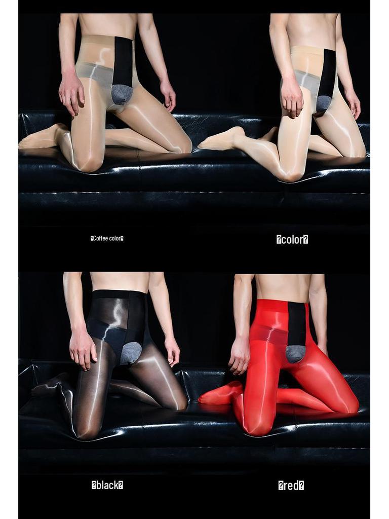 Глянцевые черные шелковые мужские ультратонкие горизонтальные открытые колготки