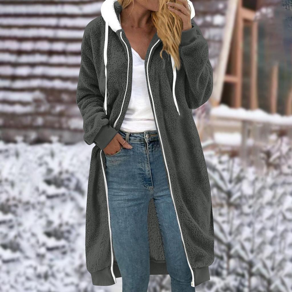 Женское однотонное двустороннее плюшевое пальто средней длины с капюшоном и карманами