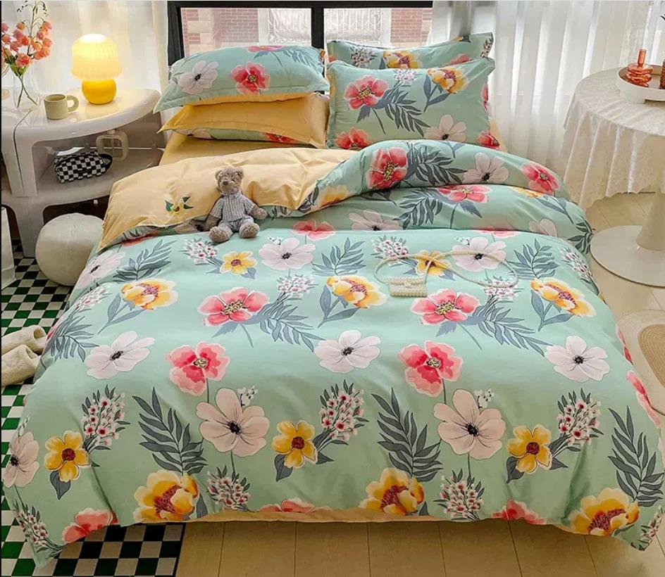 Floral Bedding Set for Kids Adult Bed Linen Duvet Cover + Flat Sheet + 2pc Pillowcase Single Queen King Size Home Textile B92M