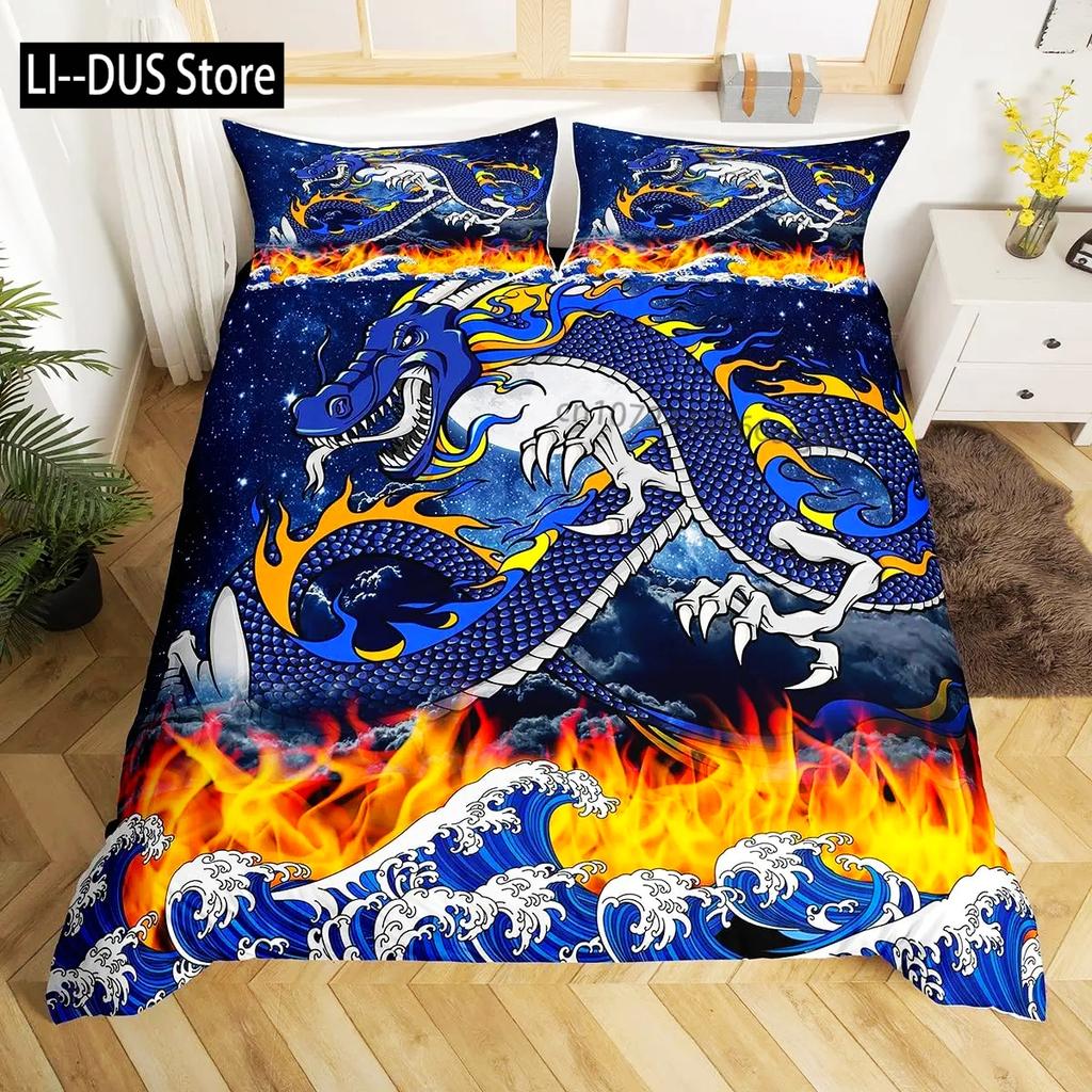 Comforter Dragon King Size Kids Mythical Animal Bedding Set Microfiber 2/3Pcs Set For Girls Women Black Gold Decor