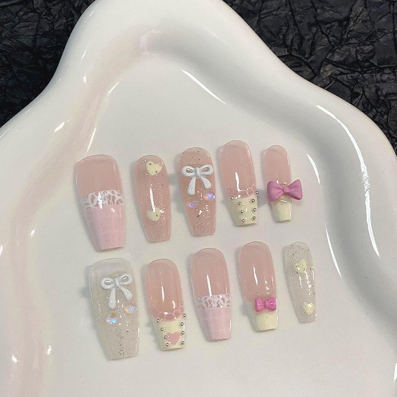 10pcs Sweet Pink French Press On Nails With 3D Bowknot Glossy Medium Coffin False Nails Handmade Manicure