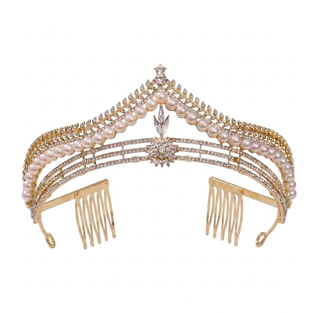 Children Pearl Crown Headband for Girls Birthday Performance Alloy Frame with Imitation Pearls and Silicone-Lining