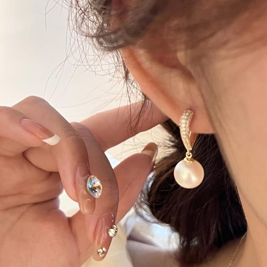 1 Pair Stud Earrings Charming Geometric Shining Rhinestone High Gloss Decorative Hypoallergenic Faux Pearl Hoop Earrings Jewelry Accessory