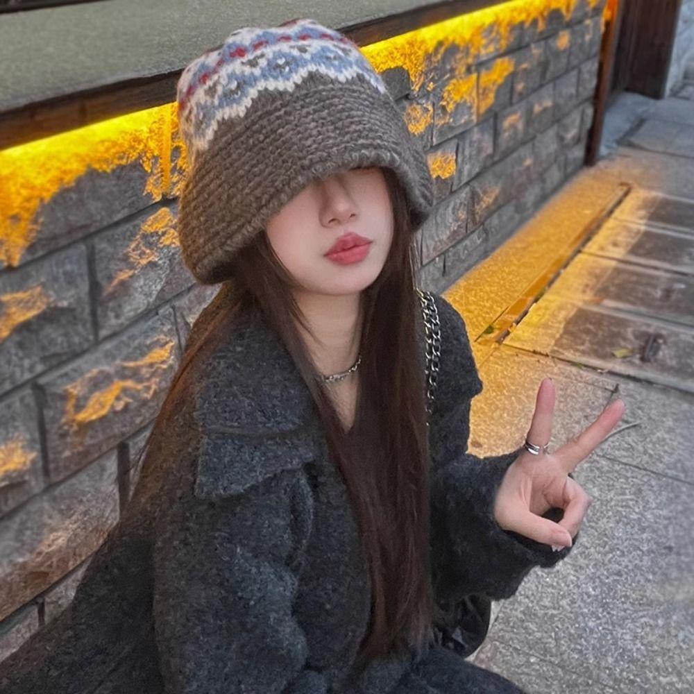 Warm Handmade Woolen Hat Autumn Winter Wool Knitted Hat Fashion Knitted Bucket Hat  Women
