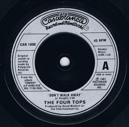 7-дюймовая пластинка FOUR TOPS - Don't Walk Away CAN1006 Casablanca 1981 Великобритания Соул/Фанк Б/У