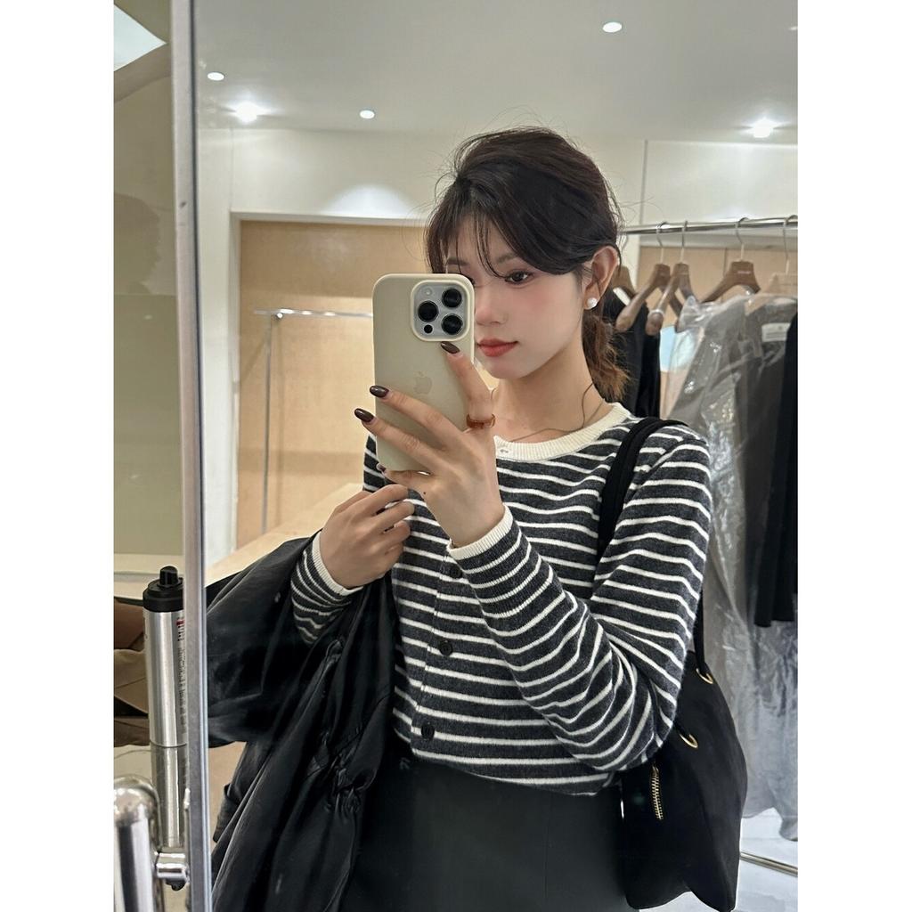 Однобортный контрастный полосатый вязаный кардиган-жакет женский весенне-осенний новый повседневный модный мягкий ворсистый свитер с длинными рукавами