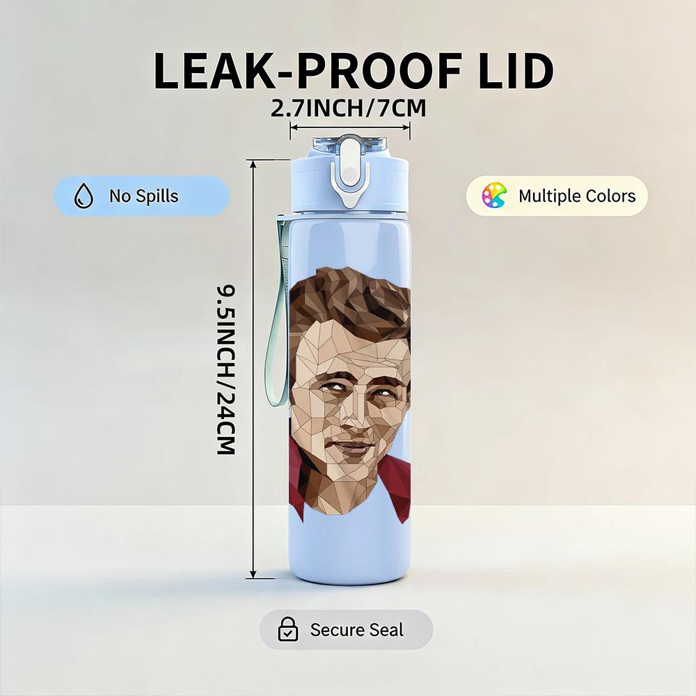 1PC Retro young male actor portrait print 750ml colorful plastic sports water bottle leakproof pop up lid with straw for outdoor work home use
