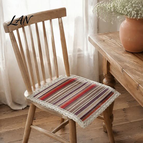 Durable Kitchen Chair Pad Cotton Linen with Ties, Square Summer Seat Lace Breathable Office Mat Trim, 15.75" x Washable for Dining Solid Wood
