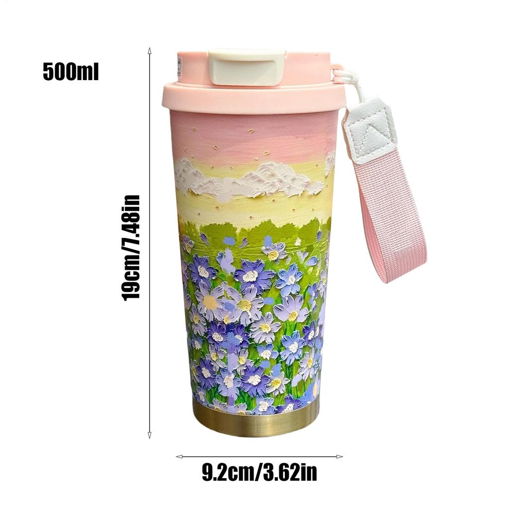 Thermal Mug 500ml Insulated Travel Mug Flower Pattern Double Drink Modes Water Bottle With Lanyard And Lid Leak-Proof Cup For