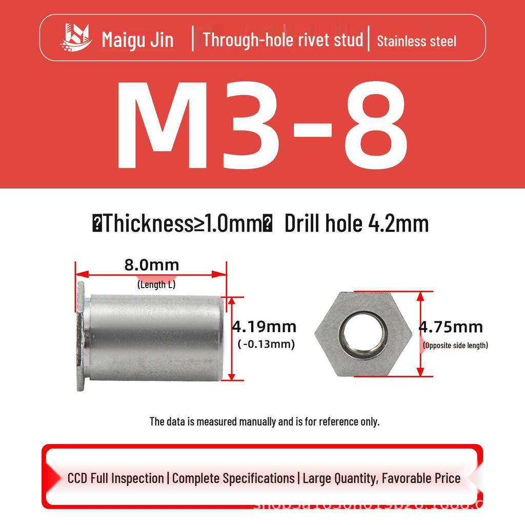 Нержавеющая сталь 304 SOS-M2/M2.5/M3/3.5M3 Заклепочная гайка-шпилька с плоской головкой и шестигранником