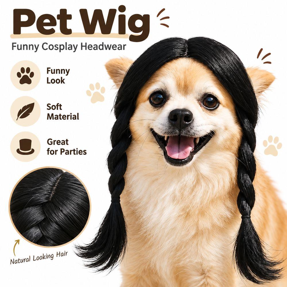 Black Twin Tails Pet Costume Wig Brown Curly Pet Hairpiece Funny Dog Wig Festival Dress-Up