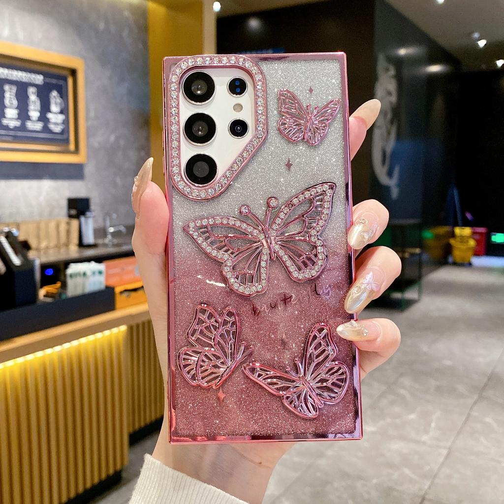 For Samsung Galaxy S26 Ultra Case Rhinestones Decor 3D Butterfly TPU Phone Cover with Glitter Paper