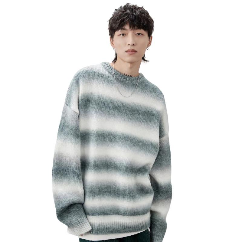 Winter New Men's Wool Sweater Long-sleeved Lazy Wind Loose Sweater Men's Gradual Change Striped Crew Neck Knitted Sweater