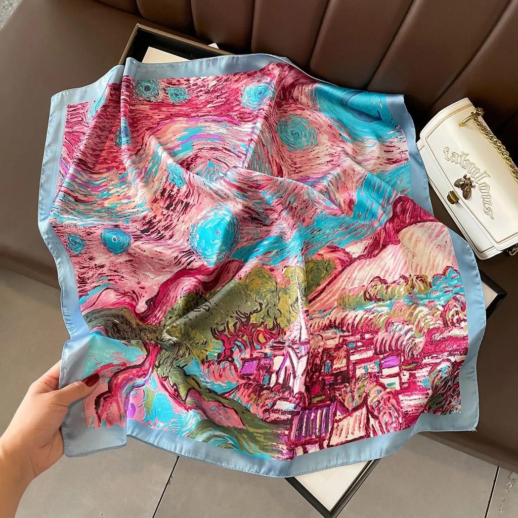 Plaid Silk Square Scarf Women Satin Shawl Wrap Hijab Female Hair Band Wrist Luxury Headkerchief 70*70cm Echarpe Bandana