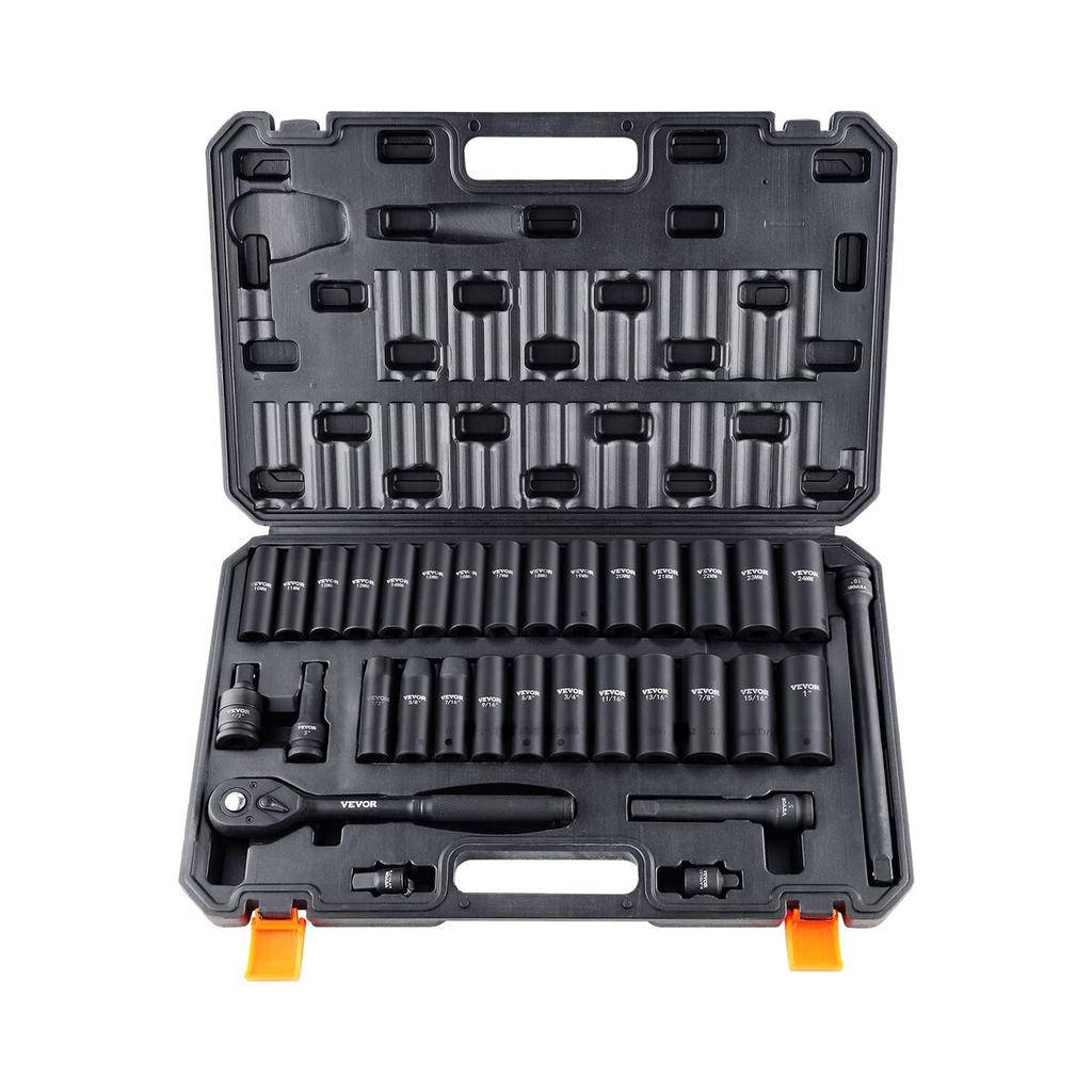 1/2" Drive Impact Socket Set, 33 Piece Socket Set SAE 3/8"-1" and Metric 10-24mm, 6 Point Cr-V Alloy Steel for Auto Repair, Easy-to-Read Size