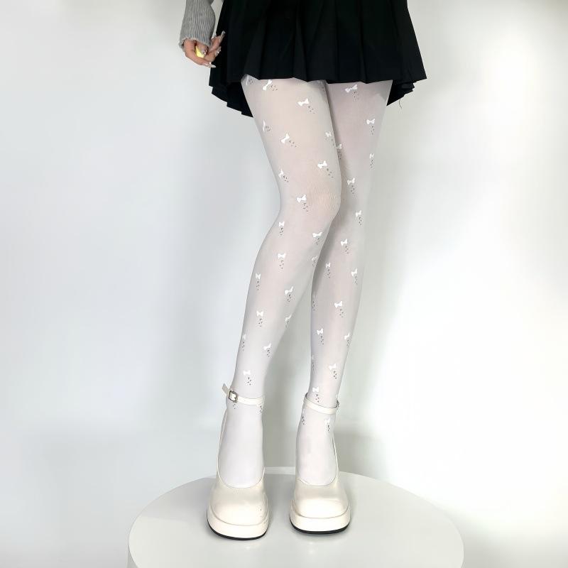 White Pure Desire Bow Dot Printed Leggings Lolita Ladies White Stockings Velvet Pantyhose