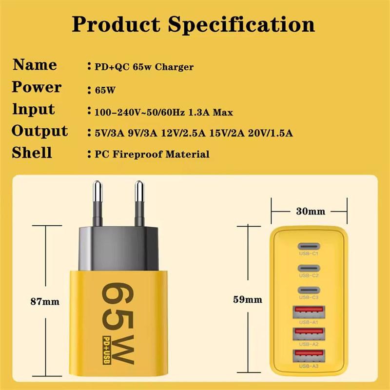 USB-зарядное устройство 65 Вт, 6 портов, быстрая зарядка, настенное зарядное устройство для iPhone, Samsung, Xiaomi, Huawei, USB-адаптер для зарядного устройства телефона